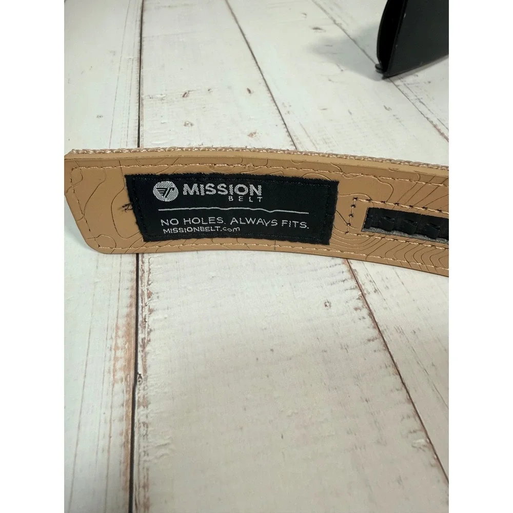 Mission Belt Mens Tan Nylon Ratchet Belt Black Buckle Topographic Map 42 Inch